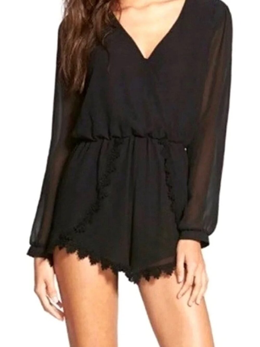 ASTR Black Lace-Trim Long-Sleeve Romper with Lining and Sheer Sleeves